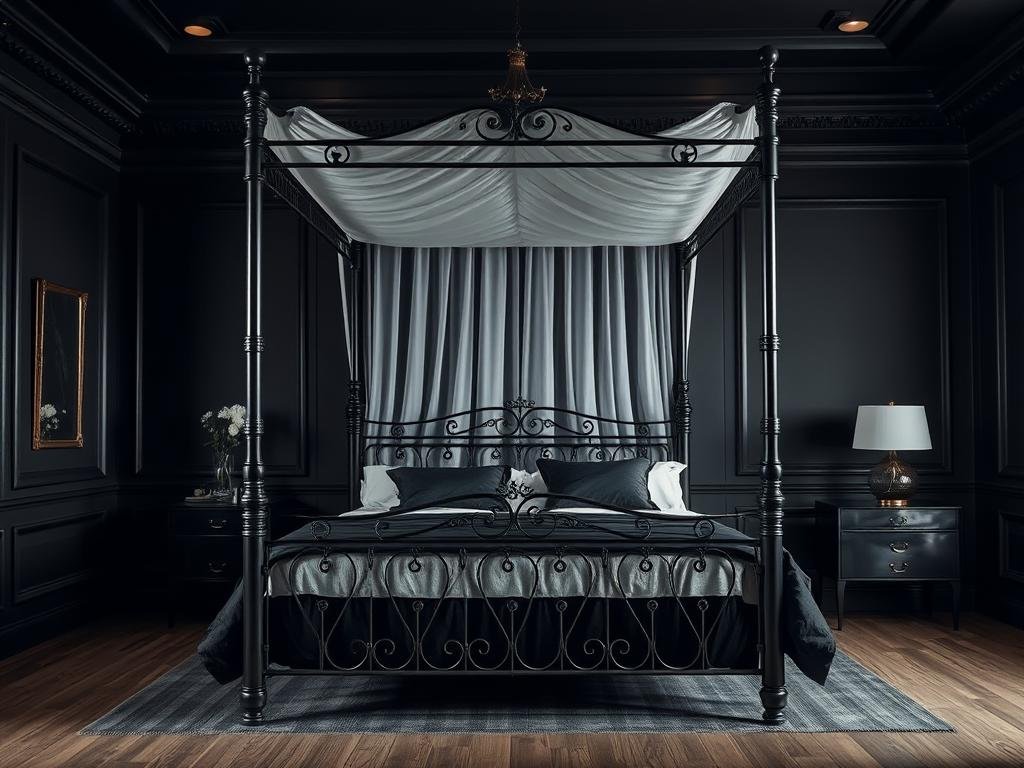 Black bedroom with a dramatic black canopy bed as the focal point Black bedroom with a dramatic black canopy bed as the focal point