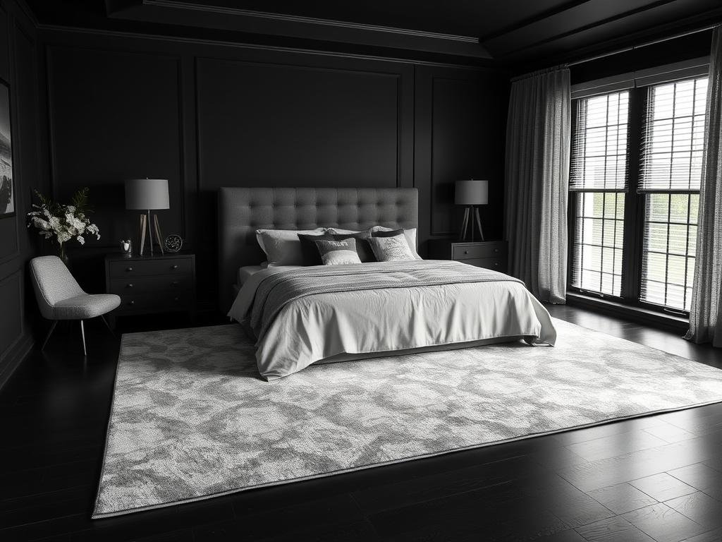Black bedroom with a large area rug adding warmth and defining the space Black bedroom with a large area rug adding warmth and defining the space