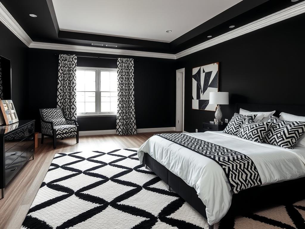 Black bedroom with black and white patterned elements like geometric rugs or wallpaper Black bedroom with black and white patterned elements like geometric rugs or wallpaper