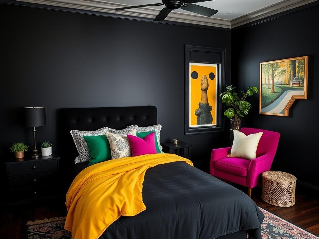 Black bedroom with bold color accents like emerald green or mustard yellow Black bedroom with bold color accents like emerald green or mustard yellow