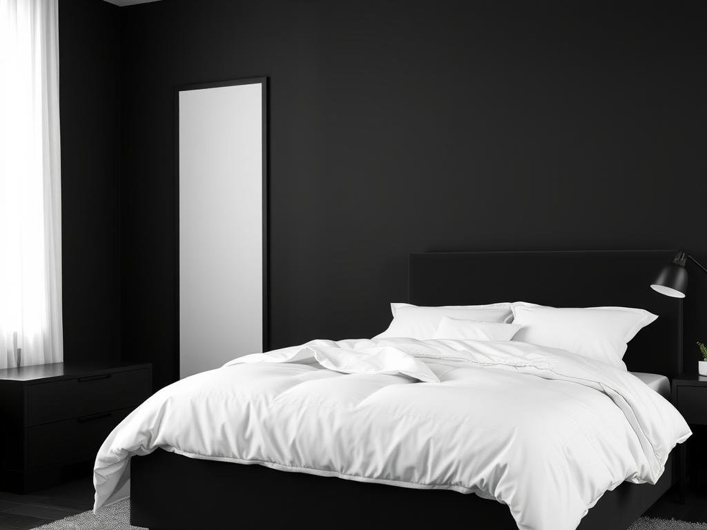 Black bedroom with crisp white bedding creating dramatic contrast Black bedroom with crisp white bedding creating dramatic contrast
