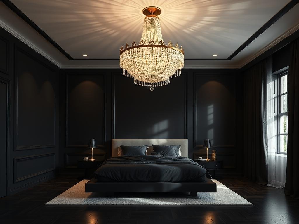 Black bedroom with dramatic statement lighting fixture as focal point Black bedroom with dramatic statement lighting fixture as focal point