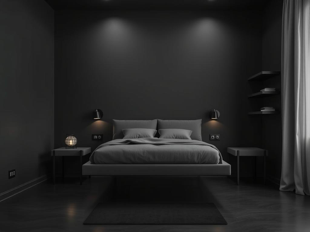 Black bedroom with floating furniture like wall-mounted nightstands creating visual space Black bedroom with floating furniture like wall-mounted nightstands creating visual space