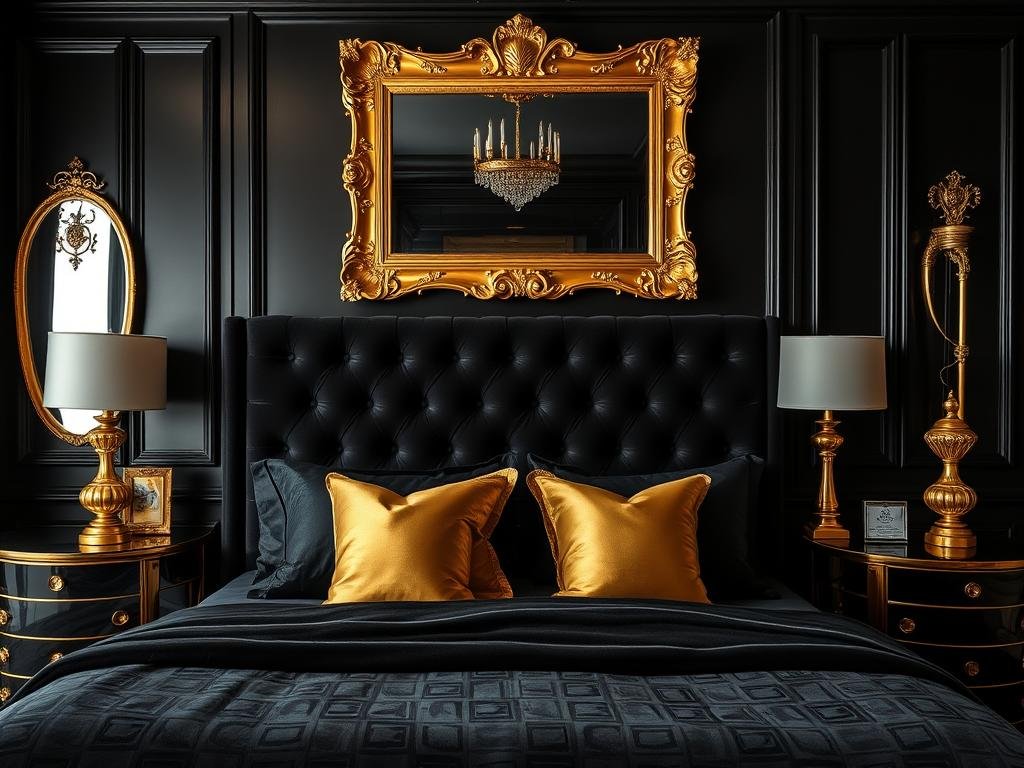 Black bedroom with gold accents creating a luxurious atmosphere Black bedroom with gold accents creating a luxurious atmosphere