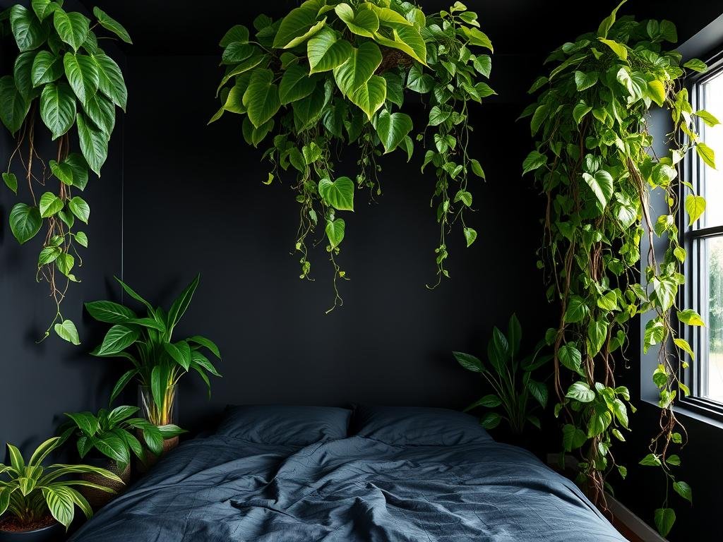 Black bedroom with green plants creating vibrant contrast against dark walls Black bedroom with green plants creating vibrant contrast against dark walls