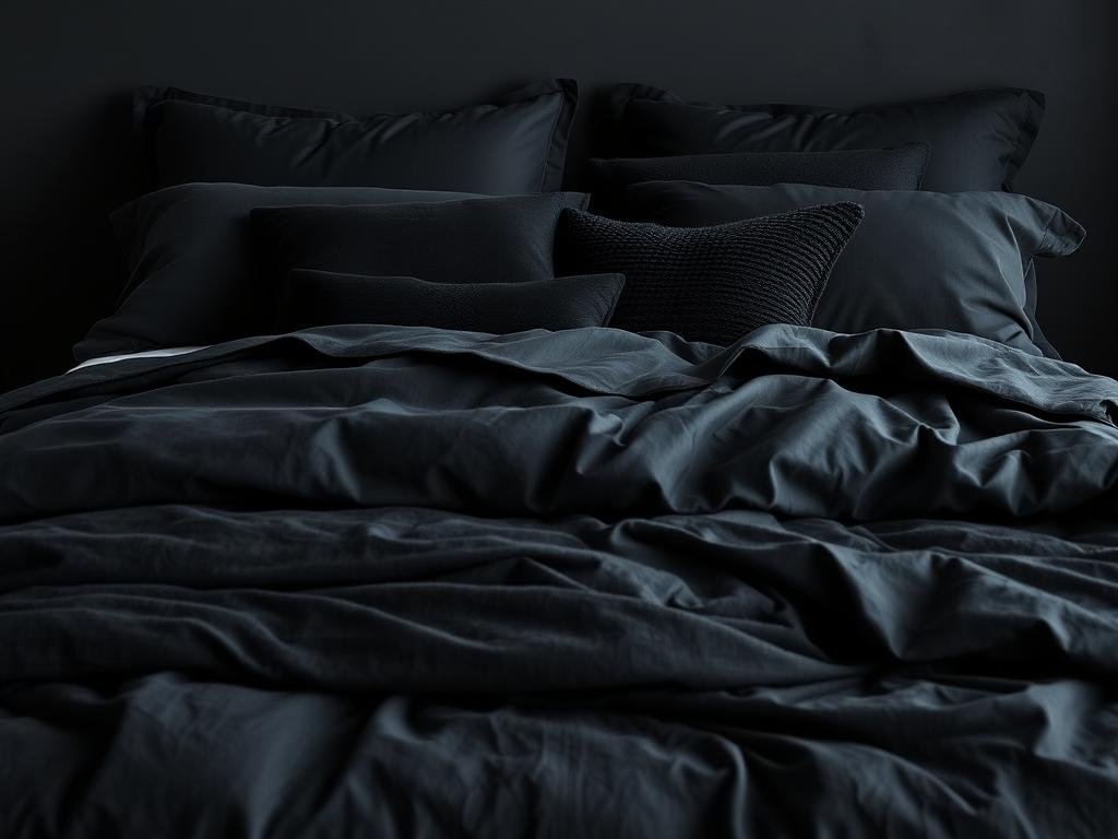 Black bedroom with layered black bedding in different textures creating depth Black bedroom with layered black bedding in different textures creating depth