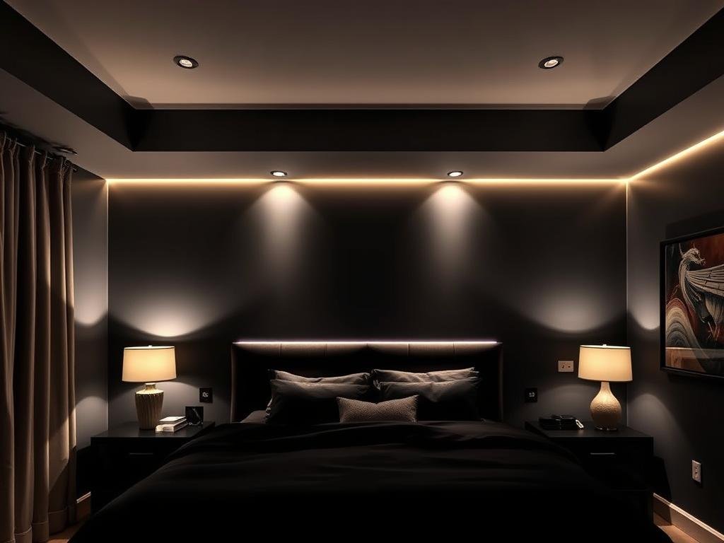 Black bedroom with layered lighting including ambient, task, and accent lights Black bedroom with layered lighting including ambient, task, and accent lights