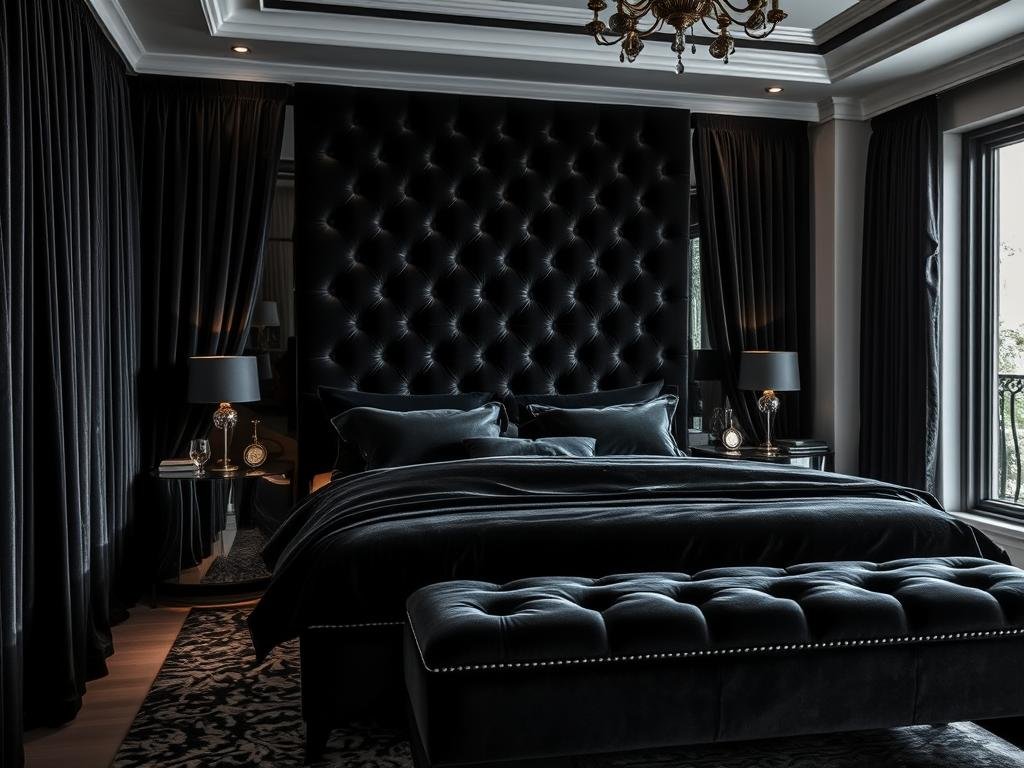 Black bedroom with luxurious black velvet headboard and accent pieces Black bedroom with luxurious black velvet headboard and accent pieces