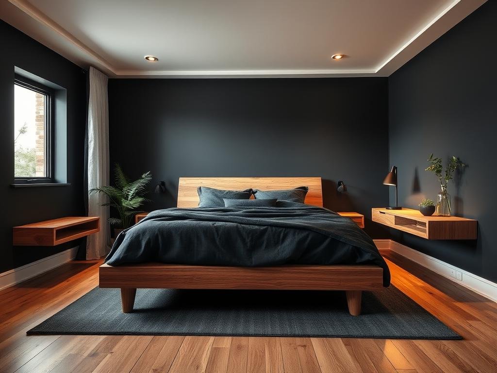Black bedroom with natural wood elements adding warmth and texture Black bedroom with natural wood elements adding warmth and texture