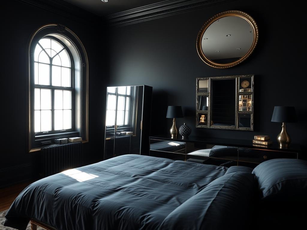 Black bedroom with strategically placed mirrors to reflect and amplify light Black bedroom with strategically placed mirrors to reflect and amplify light