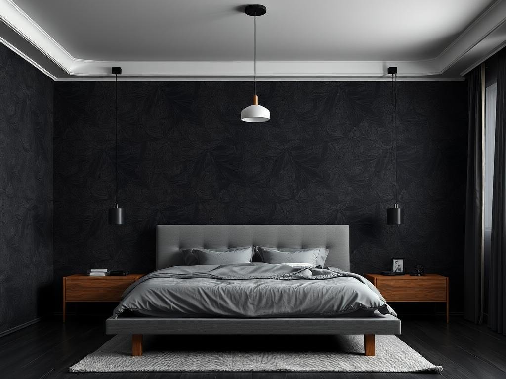 Black bedroom with textured wallpaper creating visual interest and depth Black bedroom with textured wallpaper creating visual interest and depth