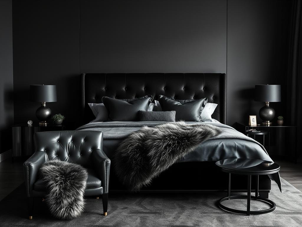 Black bedroom with various textures like velvet, leather, and faux fur creating depth Black bedroom with various textures like velvet, leather, and faux fur creating depth