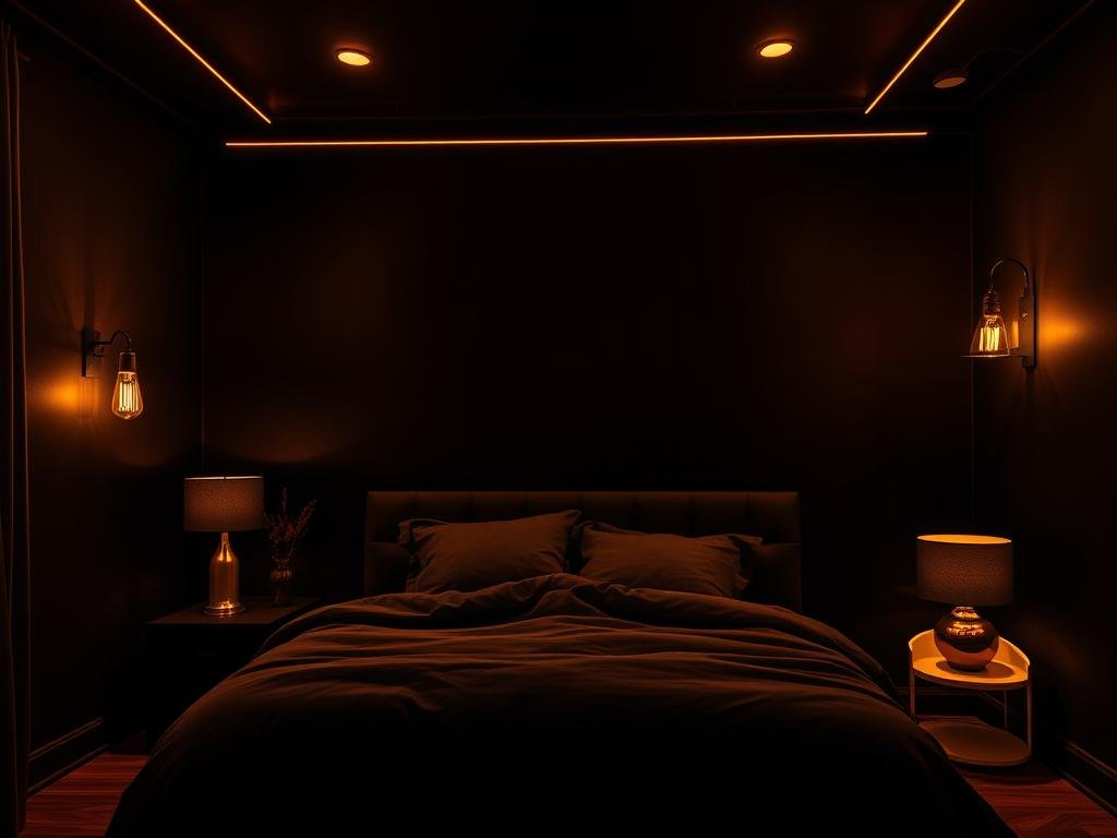 Black bedroom with warm amber lighting creating a cozy atmosphere Black bedroom with warm amber lighting creating a cozy atmosphere