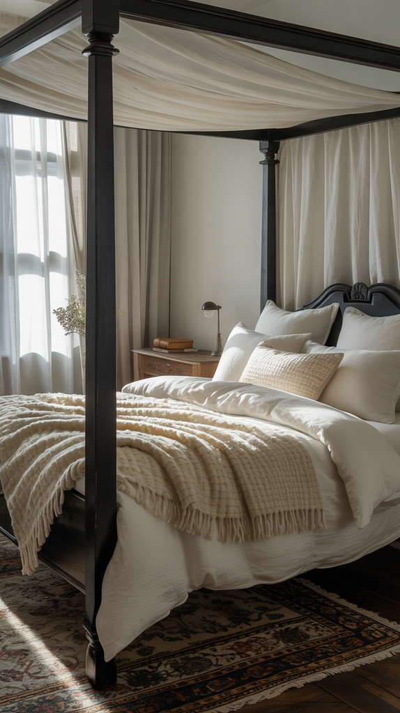 Black canopy bed with white bedding and textural elements throughout the bedroom Black canopy bed with white bedding and textural elements throughout the bedroom