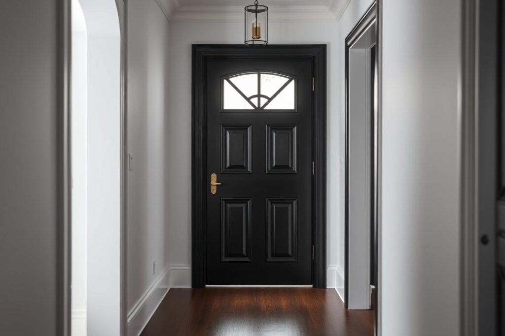 Black painted interior door in hallway creating dramatic contrast Black painted interior door in hallway creating dramatic contrast