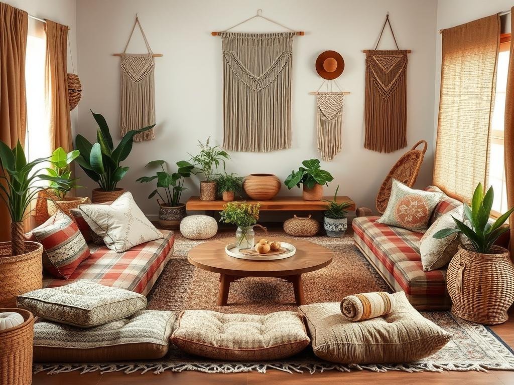 Bohemian living room with low seating, macramé wall hangings, and global textiles Bohemian living room with low seating, macramé wall hangings, and global textiles