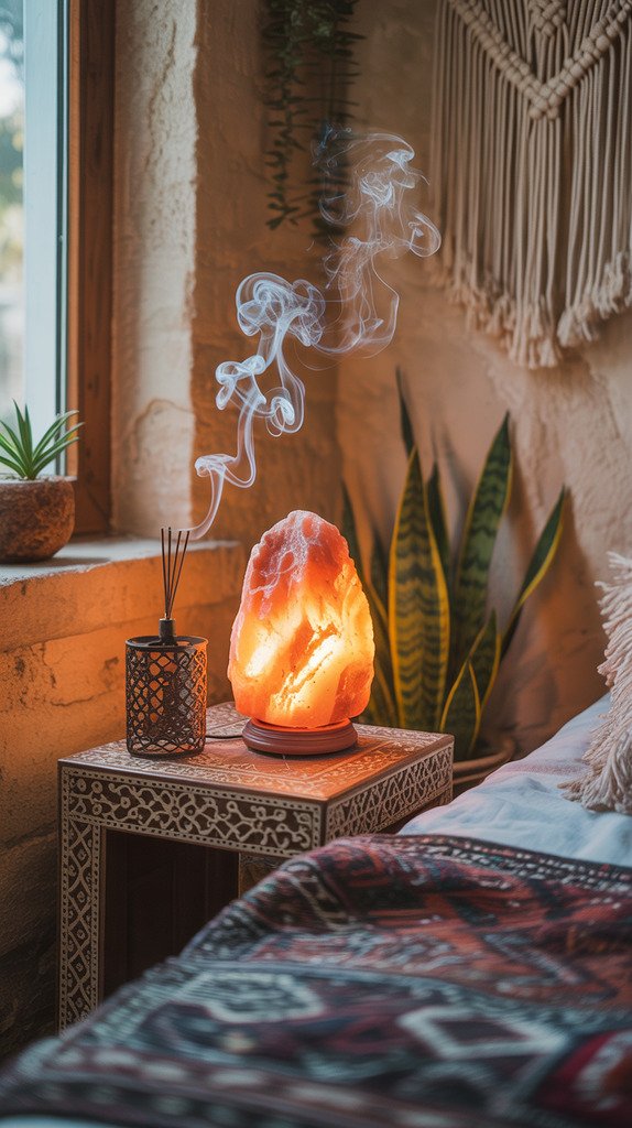 Boho bedroom corner with Himalayan salt lamp and incense holder Boho bedroom corner with Himalayan salt lamp and incense holder