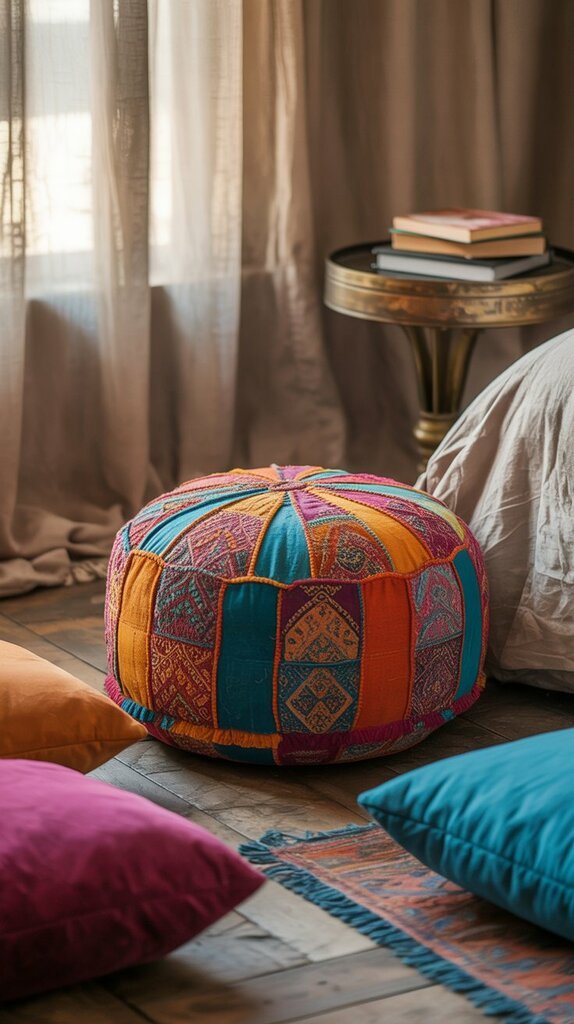 Boho bedroom corner with colorful Moroccan pouf and floor cushions Boho bedroom corner with colorful Moroccan pouf and floor cushions