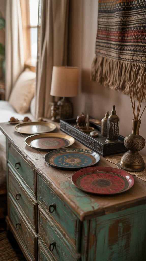 Boho bedroom dresser with vintage trays, incense holders, and collected treasures Boho bedroom dresser with vintage trays, incense holders, and collected treasures