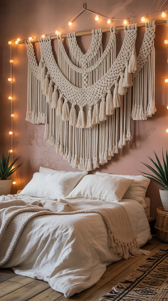 Boho bedroom wall with large macramé hanging above bed Boho bedroom wall with large macramé hanging above bed