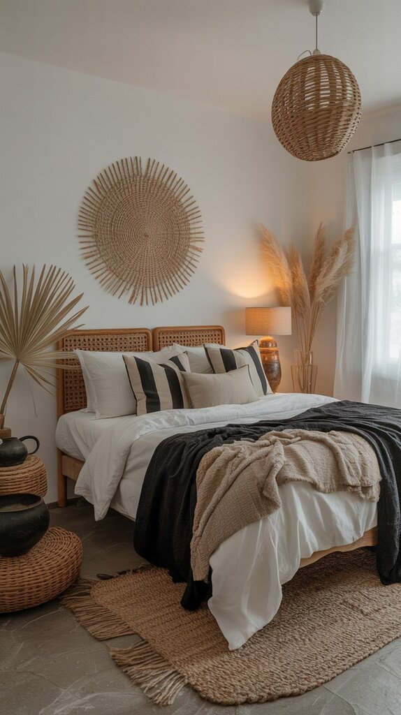 Boho bedroom with black accents against white walls and natural textures Boho bedroom with black accents against white walls and natural textures