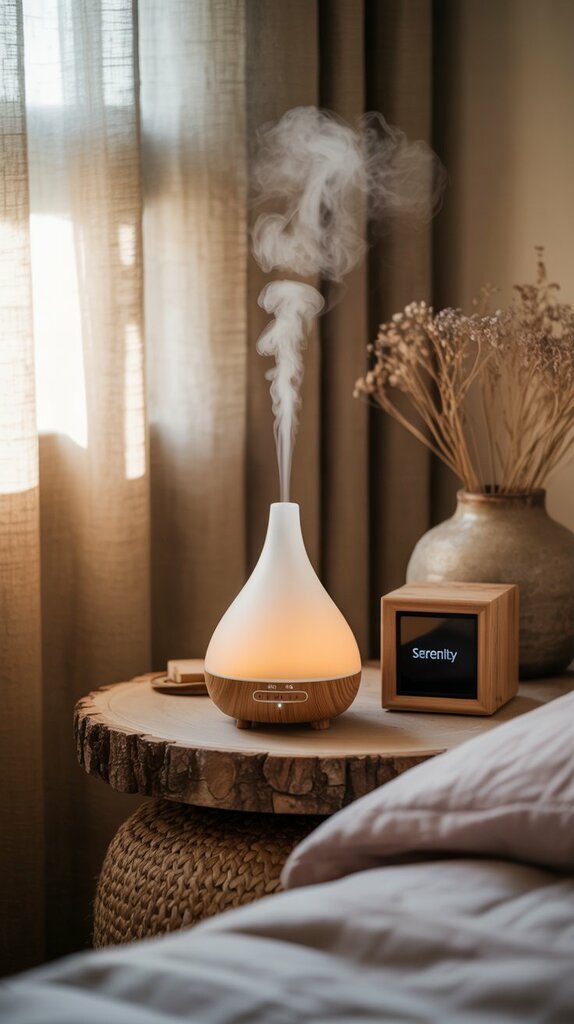 Boho bedroom with essential oil diffuser and sound machine Boho bedroom with essential oil diffuser and sound machine