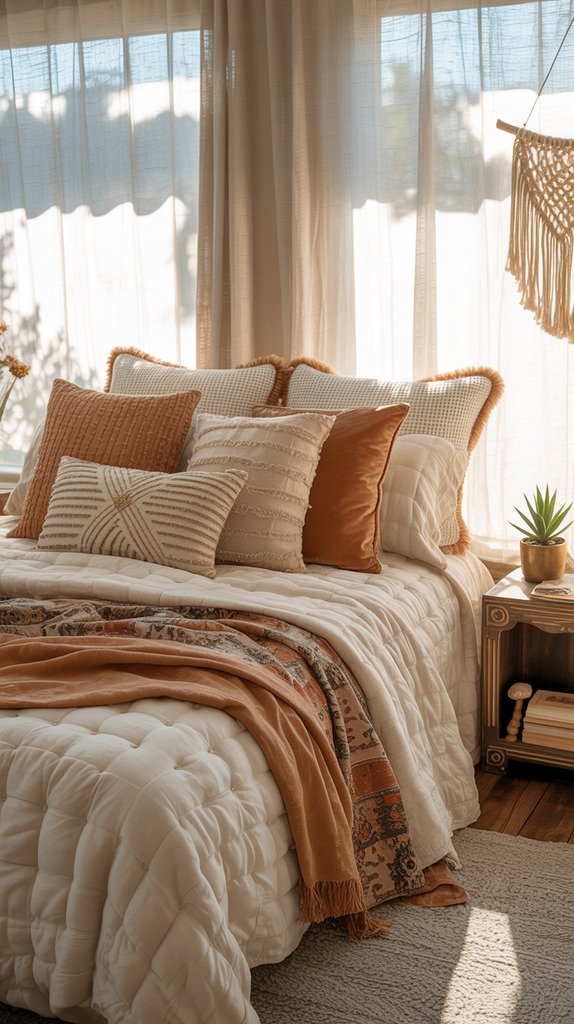 Boho bedroom with layered bedding, including tufted comforter and textured pillows Boho bedroom with layered bedding, including tufted comforter and textured pillows