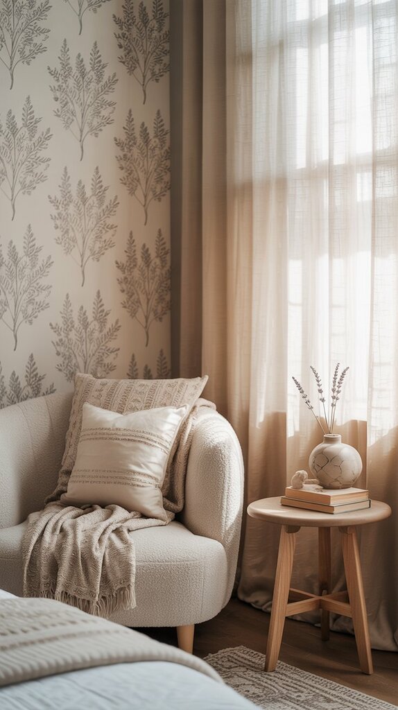 Boho bedroom with peel-and-stick wallpaper in muted botanical print Boho bedroom with peel-and-stick wallpaper in muted botanical print