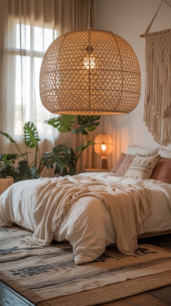 Boho bedroom with rattan pendant light creating warm ambiance Boho bedroom with rattan pendant light creating warm ambiance