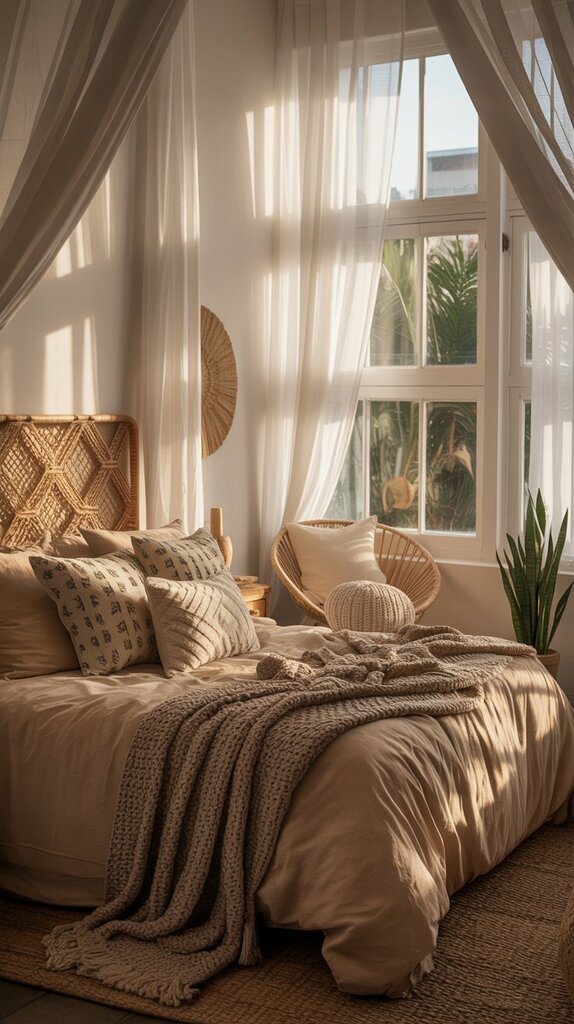 Boho bedroom with sheer, flowing curtains filtering natural light Boho bedroom with sheer, flowing curtains filtering natural light