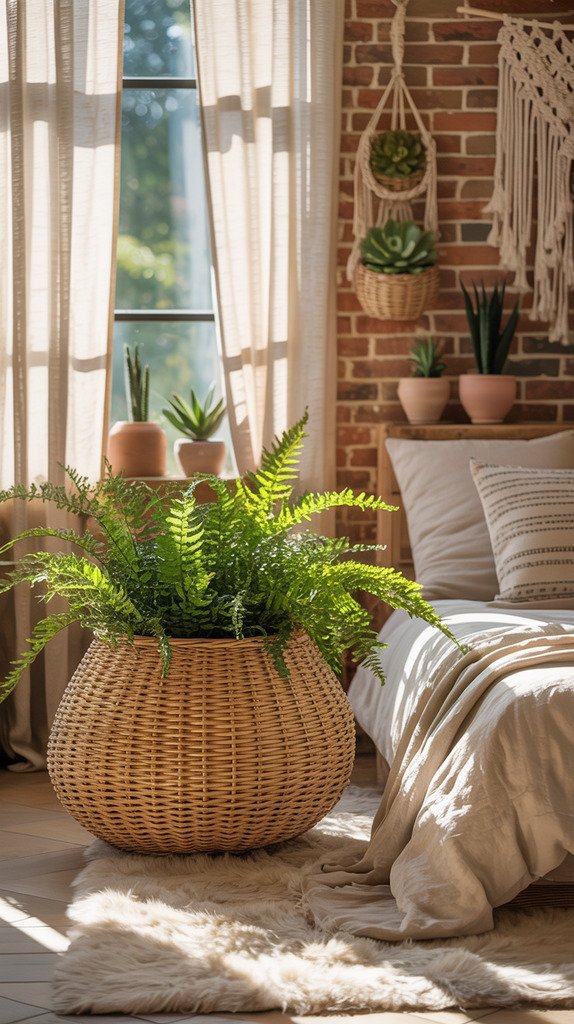 Boho bedroom with various plants in woven baskets Boho bedroom with various plants in woven baskets