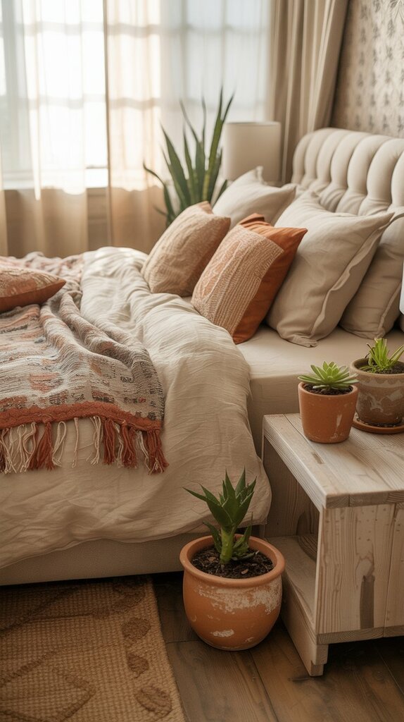 Boho bedroom with warm earth tones and terracotta accents Boho bedroom with warm earth tones and terracotta accents