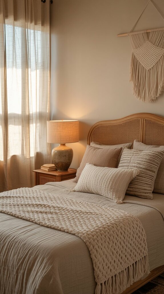 Boho bedroom with wooden furniture and rattan accents Boho bedroom with wooden furniture and rattan accents