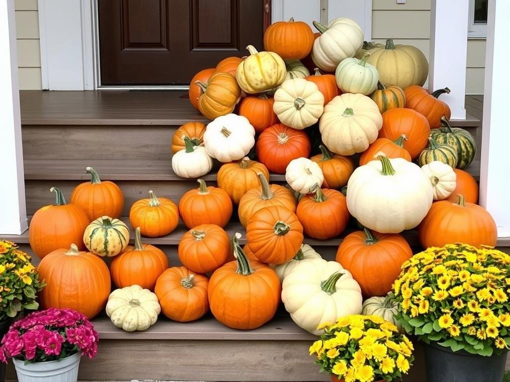 Cascading pumpkin display on porch steps with various sizes and colors for outdoor fall decor ideas Cascading pumpkin display on porch steps with various sizes and colors for outdoor fall decor ideas