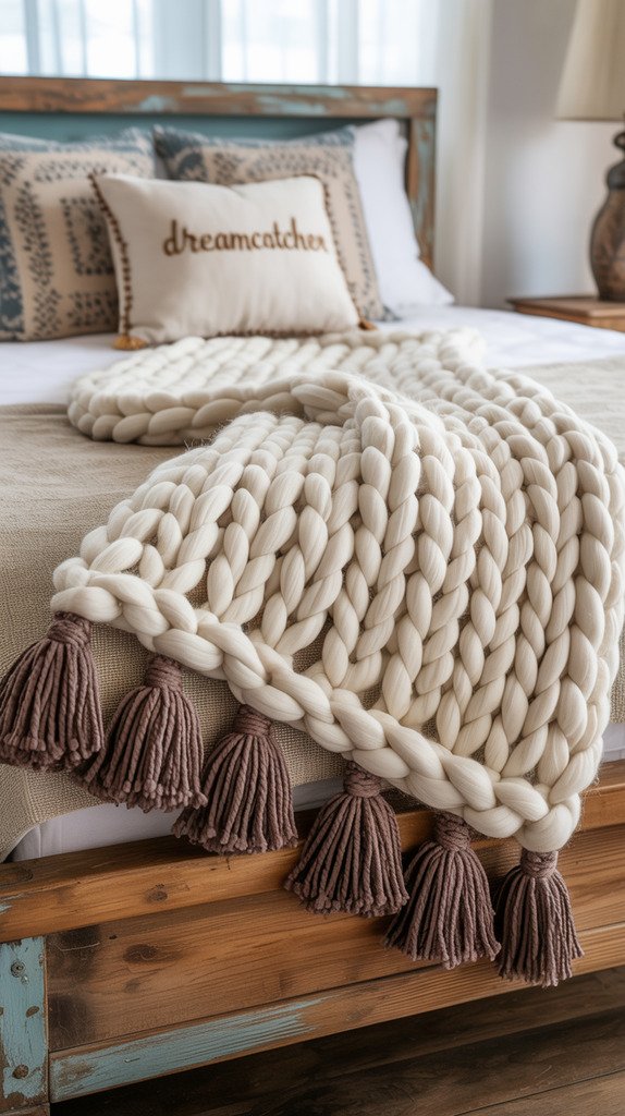 Chunky knit throw blanket with tassels on a boho-style bed Chunky knit throw blanket with tassels on a boho-style bed