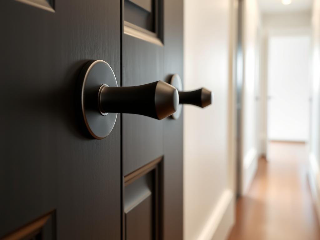 Close-up of matte black door handles and hinges in hallway Close-up of matte black door handles and hinges in hallway