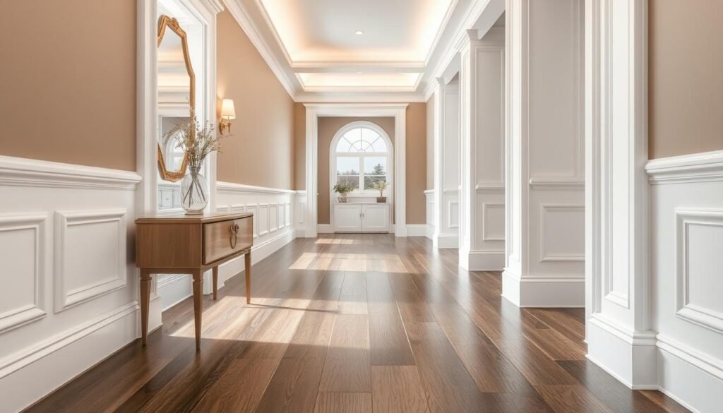Close-up of tall white baseboards in hallway creating luxury detail Close-up of tall white baseboards in hallway creating luxury detail