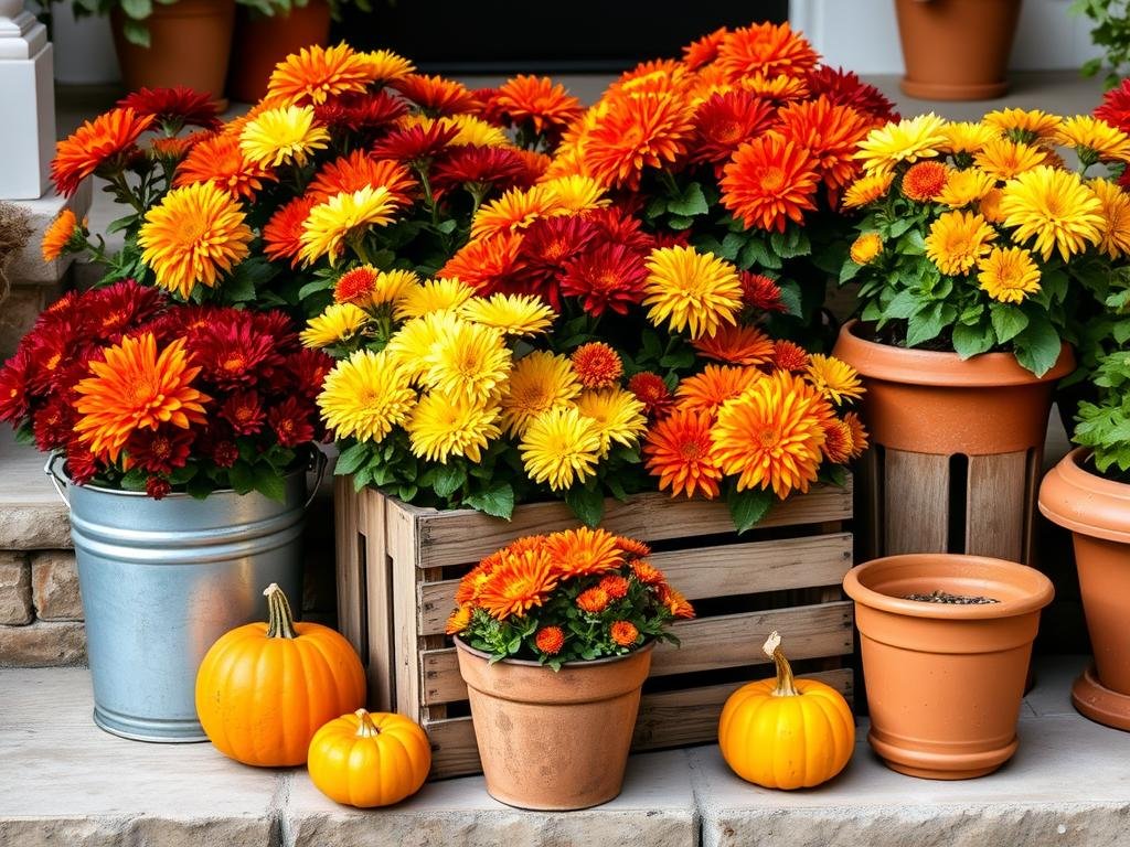 Colorful fall mums in various rustic containers for outdoor fall decor ideas Colorful fall mums in various rustic containers for outdoor fall decor ideas