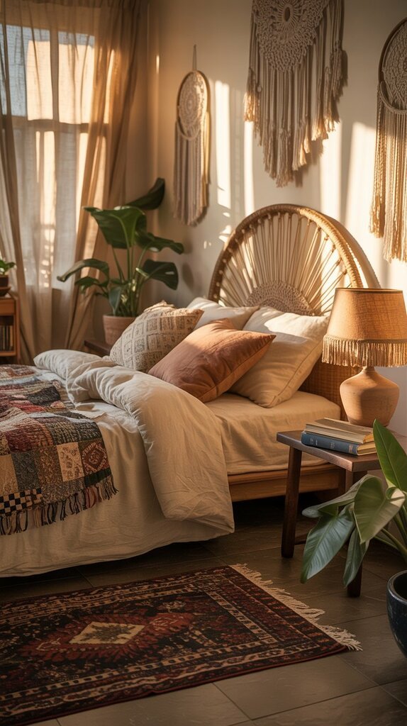 Complete boho bedroom with all elements working together harmoniously Complete boho bedroom with all elements working together harmoniously