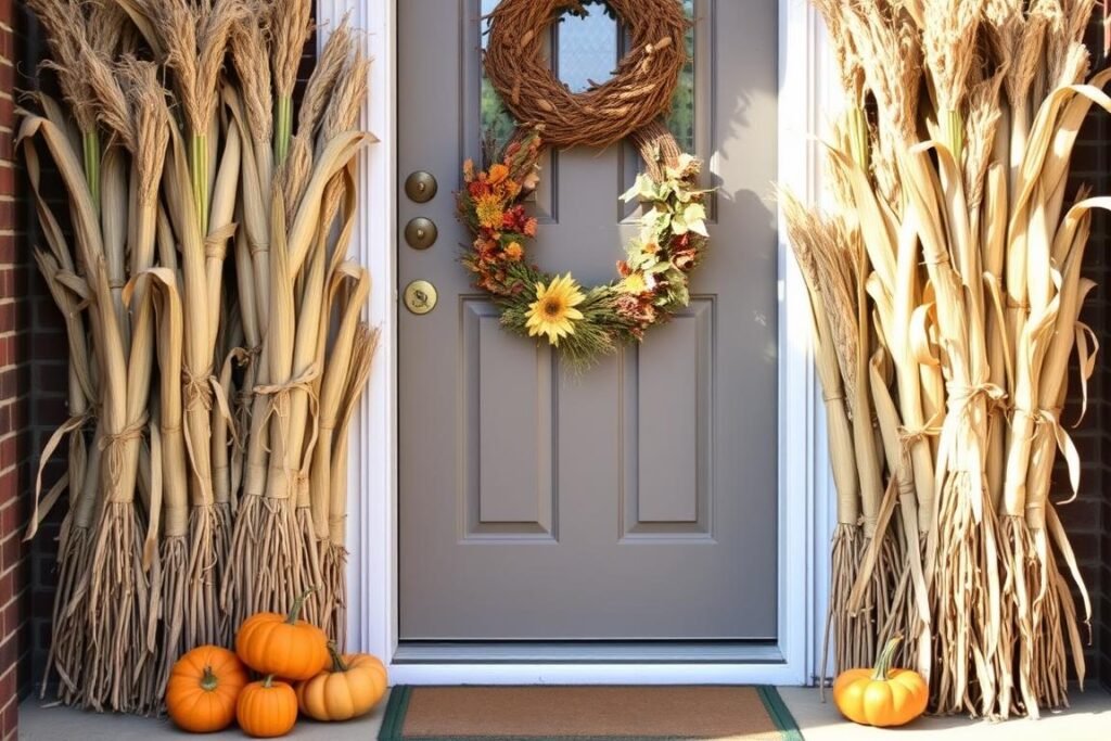 Corn stalks framing a front door with fall decorations for outdoor fall decor ideas Corn stalks framing a front door with fall decorations for outdoor fall decor ideas