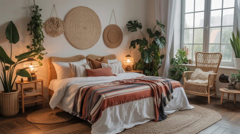 Cozy boho bedroom with layered textiles, rattan furniture, and plants
