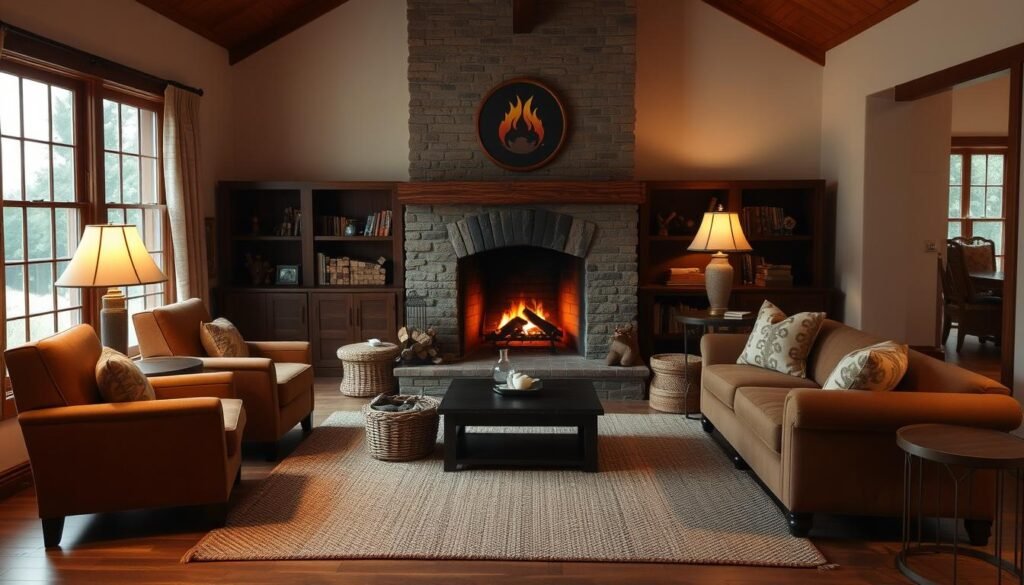 Cozy living room arranged around a fireplace with comfortable seating and warm lighting Cozy living room arranged around a fireplace with comfortable seating and warm lighting