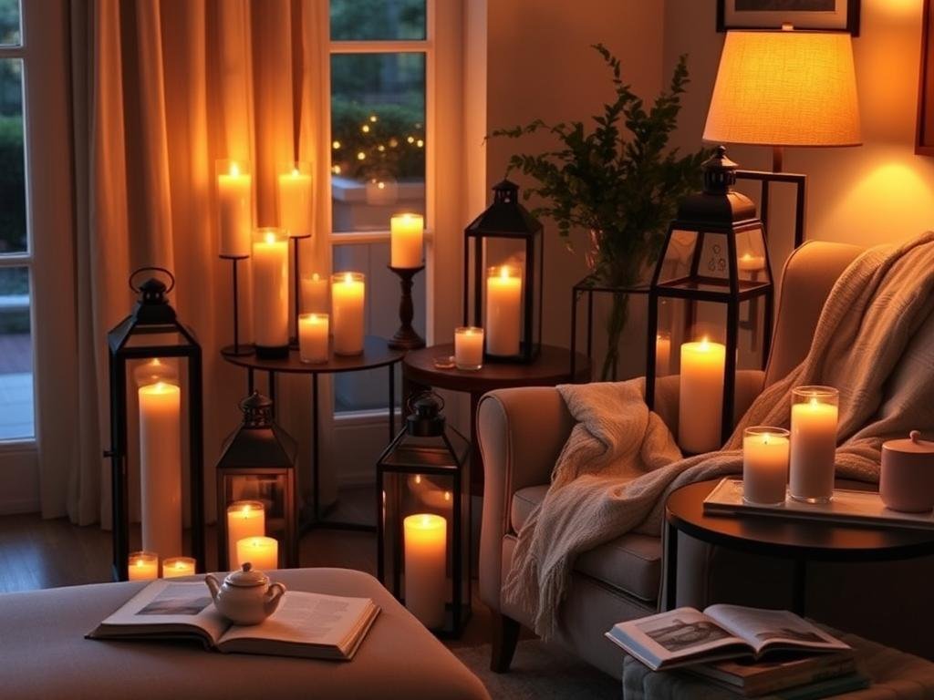 Cozy living room corner with various candles, lanterns and soft seating creating a warm glow Cozy living room corner with various candles, lanterns and soft seating creating a warm glow