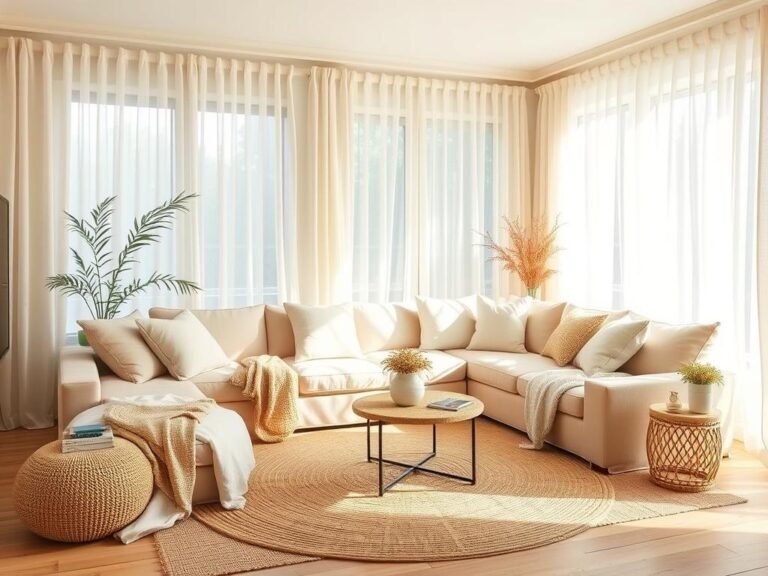 Cozy living room with layered neutral tones and natural textures including linen curtains and rattan accents