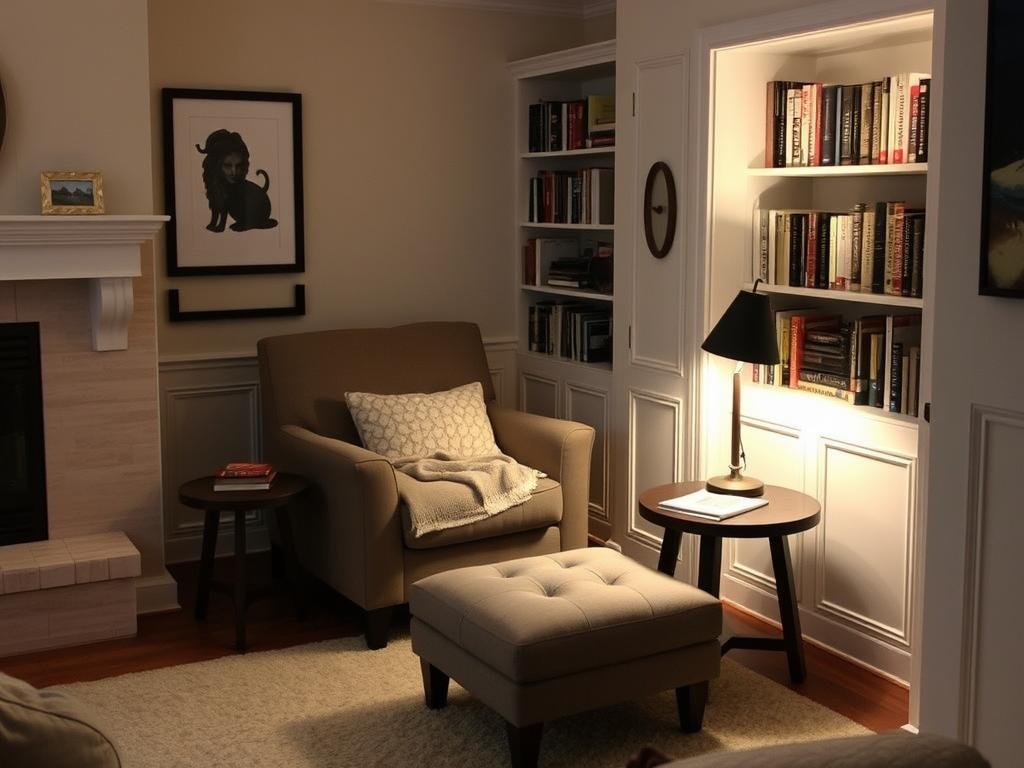 Cozy reading corner with comfortable chair, ottoman, good lighting and bookshelves Cozy reading corner with comfortable chair, ottoman, good lighting and bookshelves