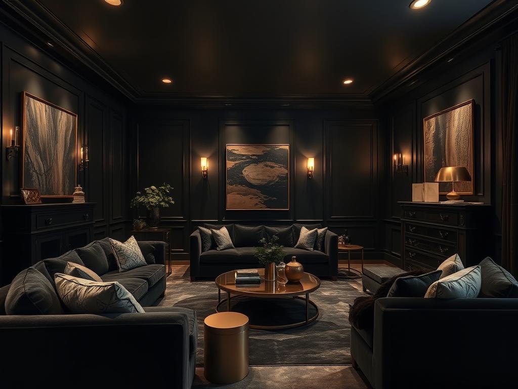 Dramatic living room with charcoal walls, ambient lighting, and luxurious textiles Dramatic living room with charcoal walls, ambient lighting, and luxurious textiles
