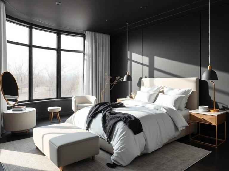 Elegant bedroom with matte black walls, white bedding, and gold accents creating a dramatic contrast