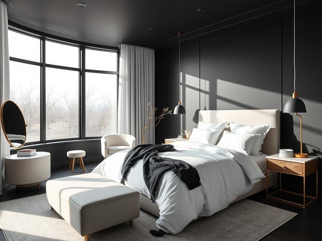Elegant bedroom with matte black walls, white bedding, and gold accents creating a dramatic contrast