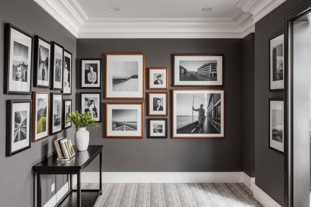 Elegant gallery wall in hallway with mix of art and photographs in coordinated frames Elegant gallery wall in hallway with mix of art and photographs in coordinated frames