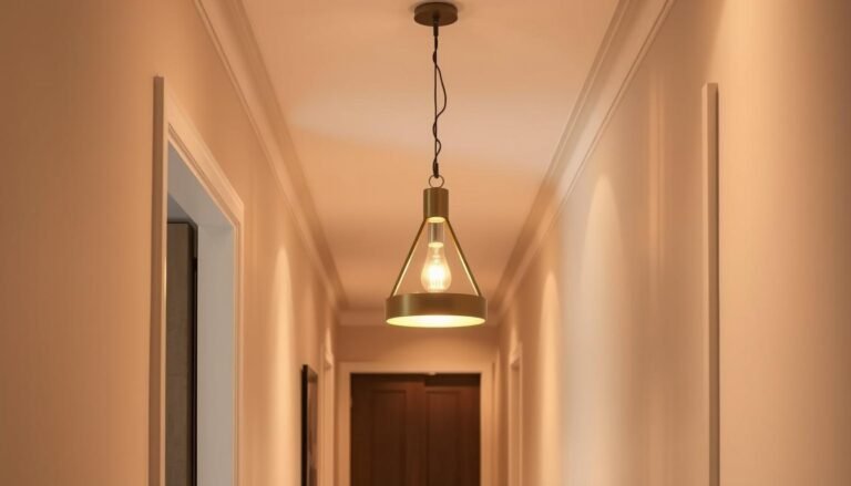 Elegant pendant light hanging in a hallway with warm lighting creating luxury ambiance